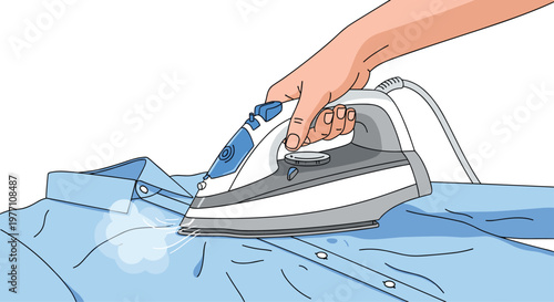 A focused close-up perspective displays a human hand guiding a modern white and blue steam iron across the collar of a crisp professional light blue dress shirt.