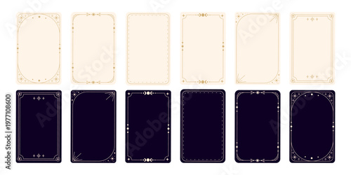 Tarot card templates frame set with elegant gold decorative borders in mystical esoteric style for tarot decks, oracle cards, astrology designs, spiritual branding, and magical prints. Vector