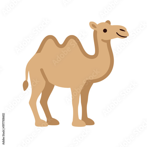 A cute cartoon camel standing on a clean white background with a cheerful expression and brown color.