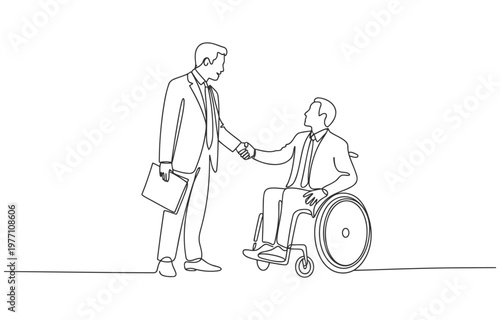 Business handshake between a man in a wheelchair and standing businessman with handshake business agreement partnership wheelchair disability inclusion diversity collaboration professional