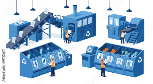 A detailed blue isometric illustration depicts a modern recycling facility where workers in safety vests manage various sorting bins and machinery.