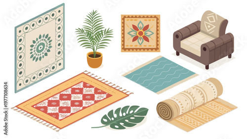 Vector interior design elements rugs chair plants and textiles on white background for decoration