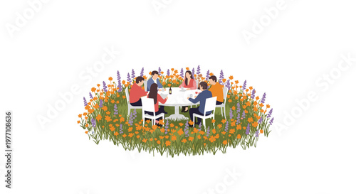 A small group of friends enjoys a social gathering at a round white table situated in a picturesque field of many orange and purple wildflowers.