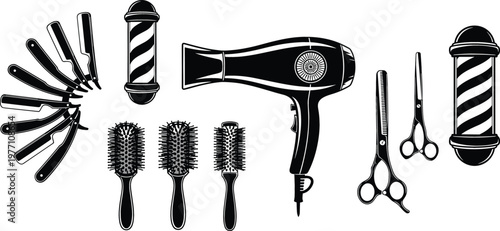 Professional Barber Shop Tools Vector Set with Hair Dryer Scissors Straight Razors Round Brushes and Classic Pole Icons for Salon Design