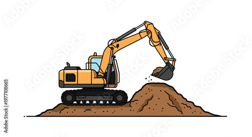 A powerful heavy duty yellow excavator with a sturdy black bucket digs into a large pile of brown soil against a clean and simple white background.