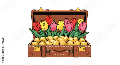 A large brown suitcase is packed with numerous shiny golden eggs and a dense arrangement of vibrant red, pink, and yellow tulips with green leaves on white.
