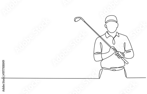 Golfer holding a club single line art illustration hole in one recreation outdoors activity equipment competition championship tournament concentration professional clubhouse handicap