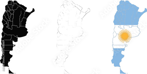 Argentina map set, national flag design, black silhouette and dotted territory outline with administrative divisions, South America geography, patriotic independence day vector illustration