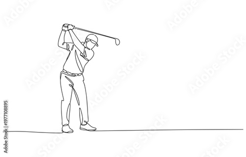 Golfer in mid swing single line art illustration hole in one recreation outdoors activity equipment competition championship tournament concentration professional clubhouse handicap