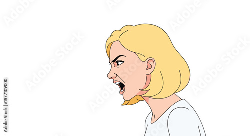 Furious blonde woman shown in profile view with a wide open mouth and furrowed brow while shouting aggressively against a stark white background space.