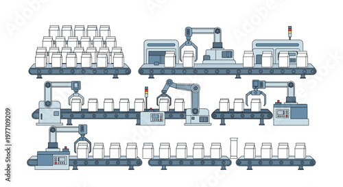 A complex industrial factory assembly line features several blue robotic arms meticulously handling white milk cartons across multiple conveyor belt systems.