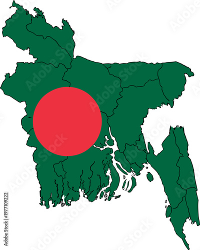 Bangladesh map flag concept, national territory outline with green and red colors, administrative divisions for travel, geography, and patriotic independence day designs