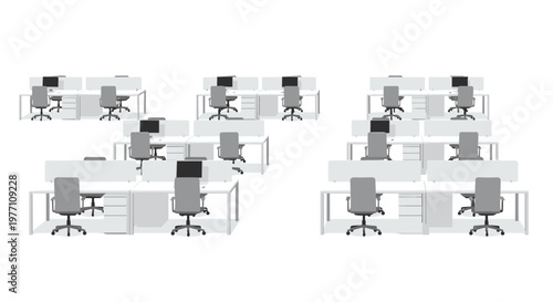 Multiple rows of white office workstations are arranged neatly with grey ergonomic chairs and black computer monitors in a spacious professional setting.