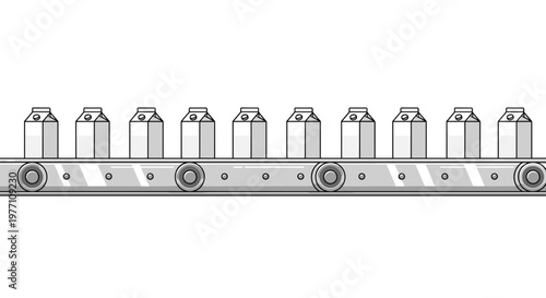 A single horizontal conveyor belt moves a perfectly aligned row of ten white milk cartons through a clean and simplified industrial packaging environment.