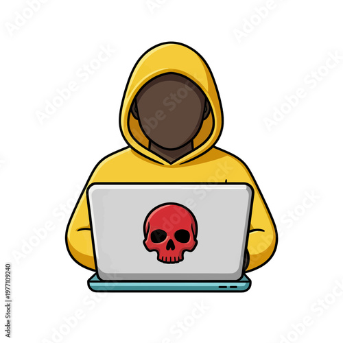 Hacker in Yellow Hoodie Using Laptop Vector Icon