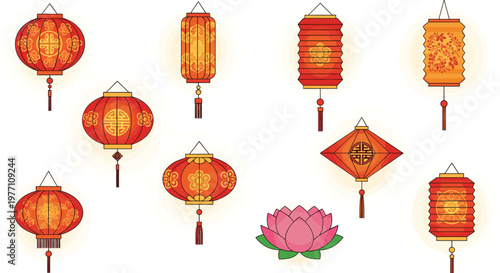 A diverse collection of traditional red and orange Chinese lanterns featuring intricate floral patterns and golden accents hangs gracefully against a clean white background.