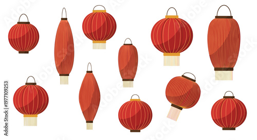 Multiple styles of ribbed red paper lanterns with cream-colored tassels are displayed in a clean horizontal layout against a stark white studio backdrop.