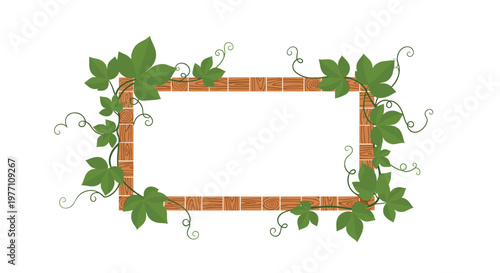 A rustic rectangular wooden frame made of textured brown planks is beautifully adorned with vibrant green climbing vines and delicate curling tendrils.