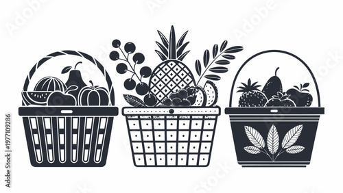 Three shopping baskets filled with various fruits in a minimalistic silhouette style on white background