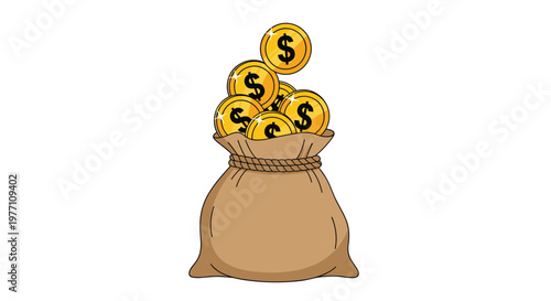 Several gleaming golden dollar coins float gracefully above a tied brown burlap sack positioned centrally on a pristine white background in a minimalist style.