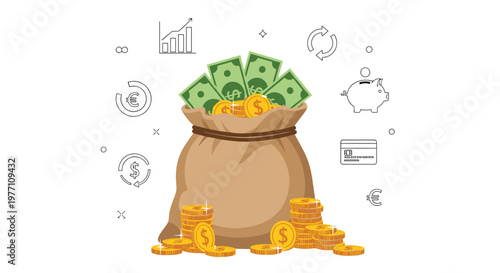A brown sack filled with money stands surrounded by various thin line financial icons including a piggy bank and credit card on a clean white backdrop.