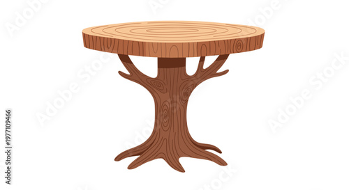 A rustic wooden table features a polished circular top with visible growth rings supported by a sturdy base shaped like a natural tree trunk in a studio.