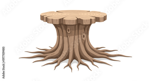 A wide and weathered tree stump is meticulously carved into a functional table with intricate roots spreading outward across a clean white background surface.