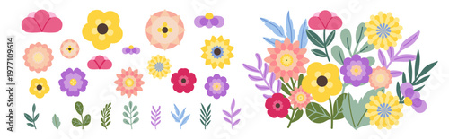 Spring flower vector set with colorful floral elements, leaves and bouquet corner arrangement. Pastel botanical collection for greeting cards, invitations, posters and seasonal design.