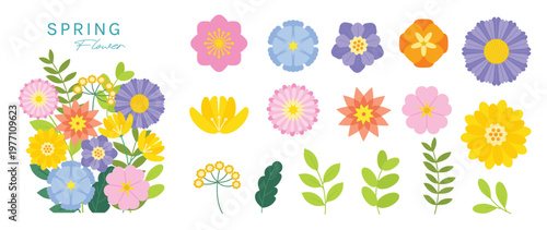Spring flower vector set with colorful floral elements, leaves and bouquet corner arrangement. Pastel botanical collection for greeting cards, invitations, posters and seasonal design.