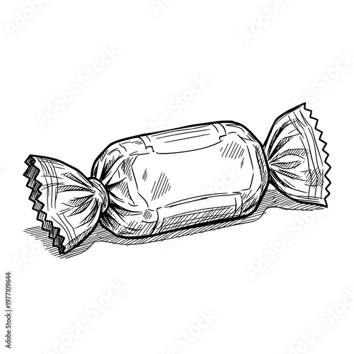 Sketch of a faded candy wrapper isolated on a white background with intricate line details and shading