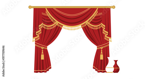 Luxurious red velvet curtains featuring intricate golden tassels and a decorative valance hang elegantly beside two ceramic vases on a white background.