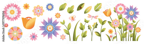 Spring flower vector set with colorful floral elements, leaves and bouquet corner arrangement. Pastel botanical collection for greeting cards, invitations, posters and seasonal design.