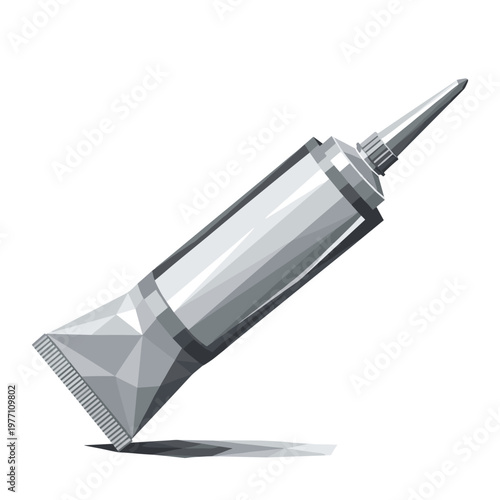 Sleek silver caulk tube isolated on a pristine white background, showcasing a modern geometric design with sharp angles and a reflective surface