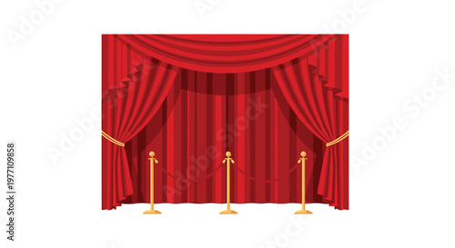 Symmetrical red pleated stage curtains feature a heavy top valance and side drapes secured by gold ropes behind three polished golden barrier stanchions.