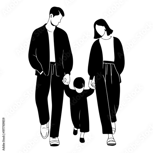 Silhouette of a Man and Woman with Children – Happy Family Vector Illustration