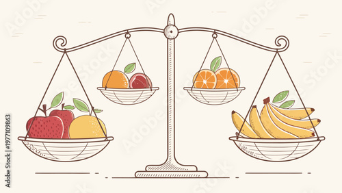 Balanced fruit scale with apples oranges bananas and lemons in bowls on a decorative metal balance