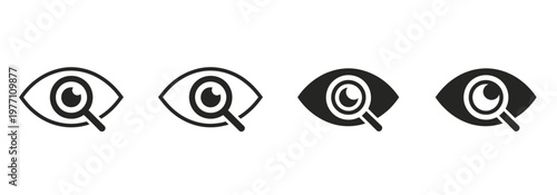 Set of four eye icons with magnifying glass for search and vision concepts