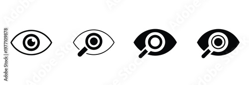 Eye and magnifying glass icons in outline and solid black for visual search and data analysis.