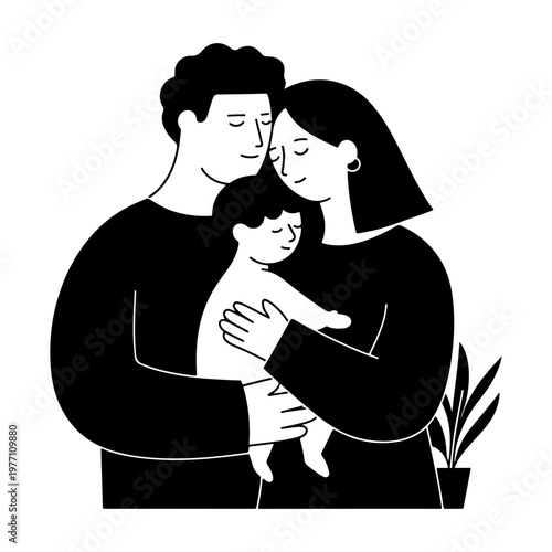 Silhouette of a Man and Woman with Children – Happy Family Vector Illustration