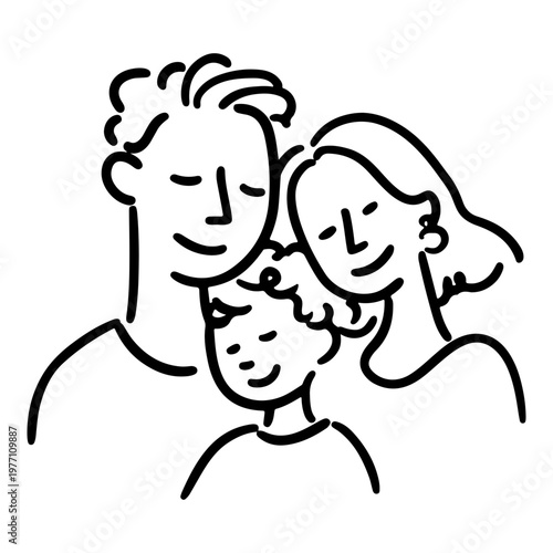 continuous single line drawing of mother and father with 1 children walking hand in hand, family line art vector illustration