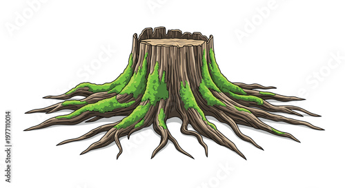 An ancient hollowed tree stump with an extensive network of long spreading roots and patches of green moss sits firmly on a bright white background.