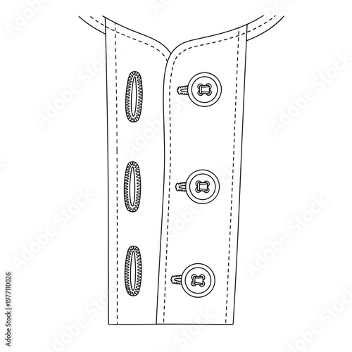 Illustration of a button placket with detailed stitching, isolated on a white background, showcasing buttonholes and buttons in a linear arrangement
