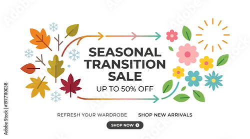 Seasonal Transition Sale Banner with Leaves and Flowers