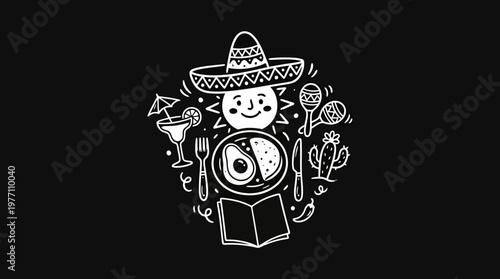 Mexican Food and Sun Icon on Black Background