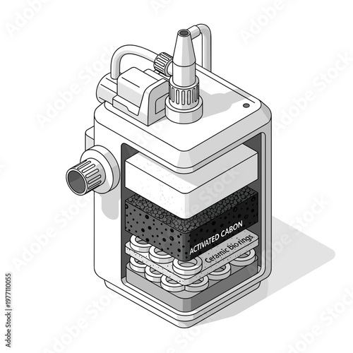 Detailed illustration of an aquarium filter with internal components exposed, isolated on a white background, showcasing filtration layers and structure