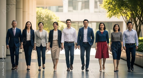 Diverse group of professionals walking confidently towards the camera in a modern urban setting.