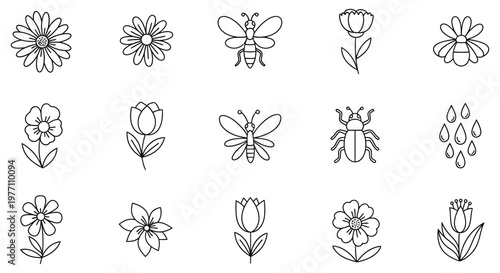 A collection of flowers and insects illustrations isolated on white background, Vector, illustration
