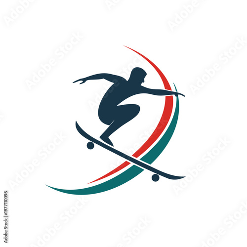Dynamic silhouette of a skateboarder performing a trick on a curved path
