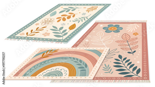 Cozy textile floor mat collection with floral and rainbow designs in pastel colors