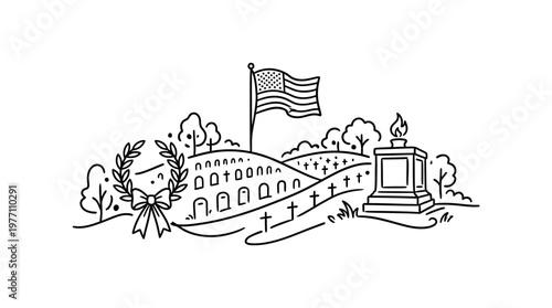 Memorial Day Cemetery Landscape in Simple Outline